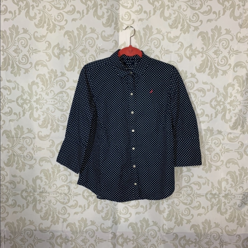 Nautical Blue Button Down Shirt 3/4 Sleeve L